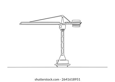 Construction crane in continuous one line drawing. Single line art illustration of crane for building construction. Editable vector.
