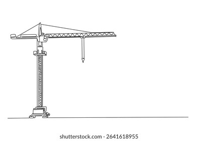 Construction crane in continuous one line drawing. Single line art illustration of crane for building construction. Editable vector.
