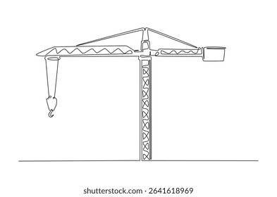 Construction crane in continuous one line drawing. Single line art illustration of crane for building construction. Editable vector.