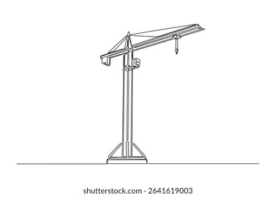 Construction crane in continuous one line drawing. Single line art illustration of crane for building construction. Editable vector.
