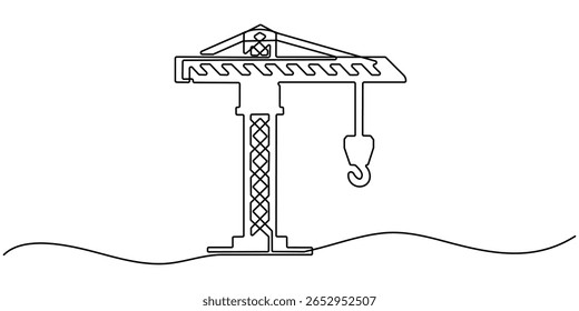 Construction crane continuous one line drawing. Hand drawn building art, Continuous line drawing of construction crane. Single line illustration of crane for industrial building. Industry equipment