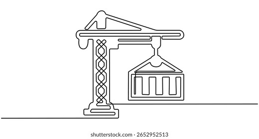 Construction crane continuous one line drawing. Hand drawn building art, Continuous line drawing of construction crane. Single line illustration of crane for industrial building. Industry equipment