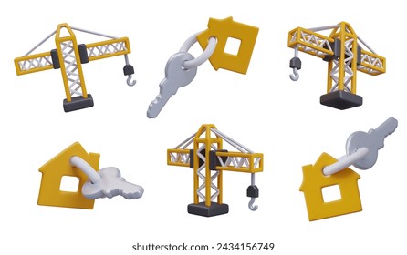 Grúa de construcción con gancho vacío, llave con etiqueta de la casa. Conjunto de elementos vectoriales 3D