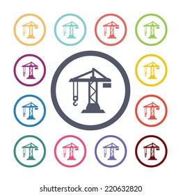 construction crane flat icons set. Open round colorful buttons. Vector 