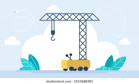 Construction crane in a flat style isolated on white background. Сrane vector simple, with weight pounder for dynamic compaction, construction. Aerial Work Platform Bucket Truck. Vector Illustration