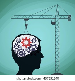 Construction crane with a gear and a human head. Stock vector illustration.