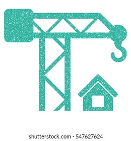 Construction Crane grainy textured icon for overlay watermark stamps. Flat symbol with unclean texture. Dotted vector cyan ink rubber seal stamp with grunge design on a white background.