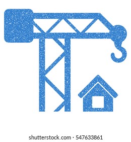 Construction Crane grainy textured icon for overlay watermark stamps. Flat symbol with scratched texture. Dotted vector cobalt ink rubber seal stamp with grunge design on a white background.