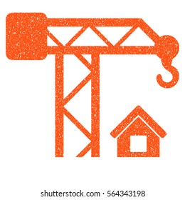 Construction Crane grainy textured icon for overlay watermark stamps. Flat symbol with dirty texture. Dotted vector orange ink rubber seal stamp with grunge design on a white background.