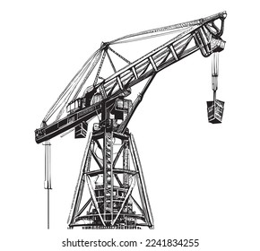 Construction crane hand drawn sketch engraving style logo Vector illustration.