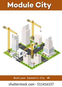Construction crane heavy industrial industry with skyscrapers, houses, streets. Urban modern quarter of the city. Isometric view of the projection of the landscape
