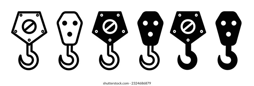 Baukran-Hakensymbol-Set. Hakensymbol für Frachtheber oder Schleppkrane. Haken und Haken Vektorsymbol-Icon-Set. Winch-Kabel-Haken-Web-Symbol.