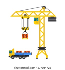 Construction crane house and tipper car industry vector.
