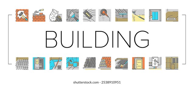 construction crane house work icons set vector. building industry, civil architecture, build worker engineer, helmet, concrete home construction crane house work color line illustrations