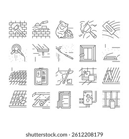 construction crane house work icons set vector. building industry, civil architecture, build worker engineer, helmet, concrete home construction crane house work black contour illustrations