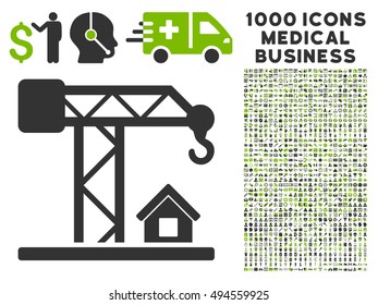 Construction Crane icon with 1000 medical business eco green and gray vector pictographs. Set style is flat bicolor symbols, white background.