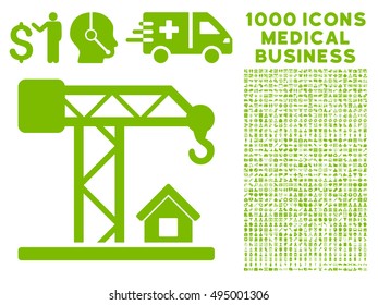 Construction Crane icon with 1000 medical commerce eco green vector pictographs. Collection style is flat symbols, white background.