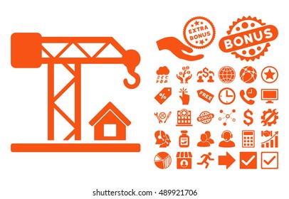 Construction Crane icon with bonus icon set. Vector illustration style is flat iconic symbols, orange color, white background.