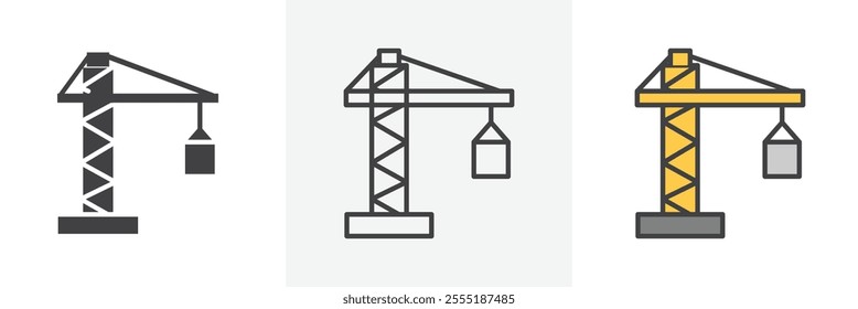 Construction crane icon collection in black and colored style.