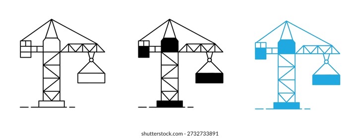 Coleção de ícone de guindaste de construção, construção e indústria, gráfico conjunto de vetor de sinal de guindaste de construção, ícone linear de traço editável. Guindastes de construção em vários estágios de operação e cor. 