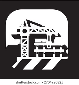 Ein Baukransymbol einzeln auf schwarzem Hintergrund. Der Kran ist ein Symbol für Bauwesen, Industrie und Ingenieurwesen und steht für Fortschritt und Entwicklung.
