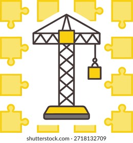 Icono de la grúa de la construcción con las piezas del rompecabezas en el fondo blanco