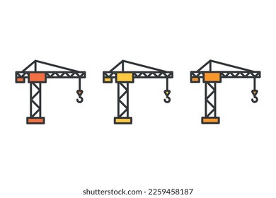 Juego de iconos de la grúa de construcción. Iconos de grúas de construcción rojas, anaranjadas y amarillas