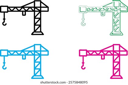 Construction crane icon, simple geometric design, minimalist illustration, colorful variations, black, green, blue, and pink versions, industrial symbol, architectural element, vector graphic style, c