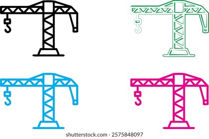 Construction crane icon, simple geometric design, minimalist illustration, colorful variations, black, green, blue, and pink versions, industrial symbol, architectural element, vector graphic style, c