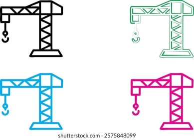 Construction crane icon, simple geometric design, minimalist illustration, colorful variations, black, green, blue, and pink versions, industrial symbol, architectural element, vector graphic style, c