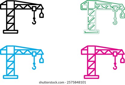 Construction crane icon, simple geometric design, minimalist illustration, colorful variations, black, green, blue, and pink versions, industrial symbol, architectural element, vector graphic style, c