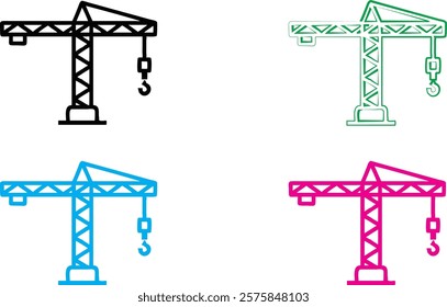 Construction crane icon, simple geometric design, minimalist illustration, colorful variations, black, green, blue, and pink versions, industrial symbol, architectural element, vector graphic style, c