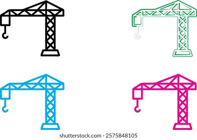 Construction crane icon, simple geometric design, minimalist illustration, colorful variations, black, green, blue, and pink versions, industrial symbol, architectural element, vector graphic style, c