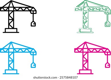 Construction crane icon, simple geometric design, minimalist illustration, colorful variations, black, green, blue, and pink versions, industrial symbol, architectural element, vector graphic style, c