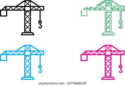 Construction crane icon, simple geometric design, minimalist illustration, colorful variations, black, green, blue, and pink versions, industrial symbol, architectural element, vector graphic style, c