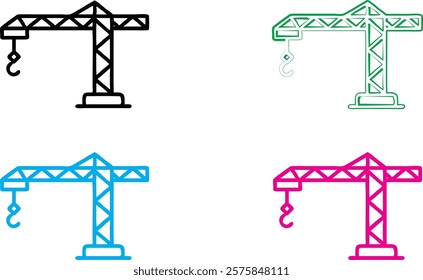 Construction crane icon, simple geometric design, minimalist illustration, colorful variations, black, green, blue, and pink versions, industrial symbol, architectural element, vector graphic style, c