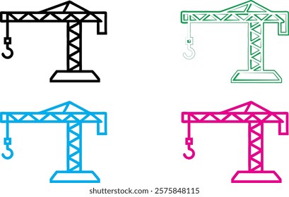 Construction crane icon, simple geometric design, minimalist illustration, colorful variations, black, green, blue, and pink versions, industrial symbol, architectural element, vector graphic style, c