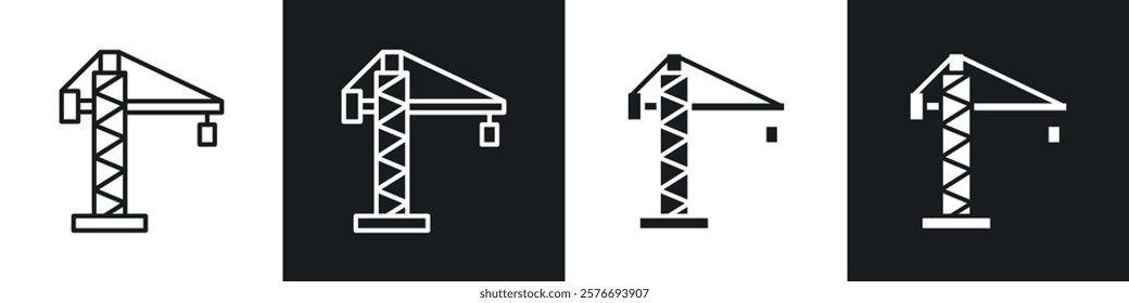 Construction crane icons collection in black and white solid and line style