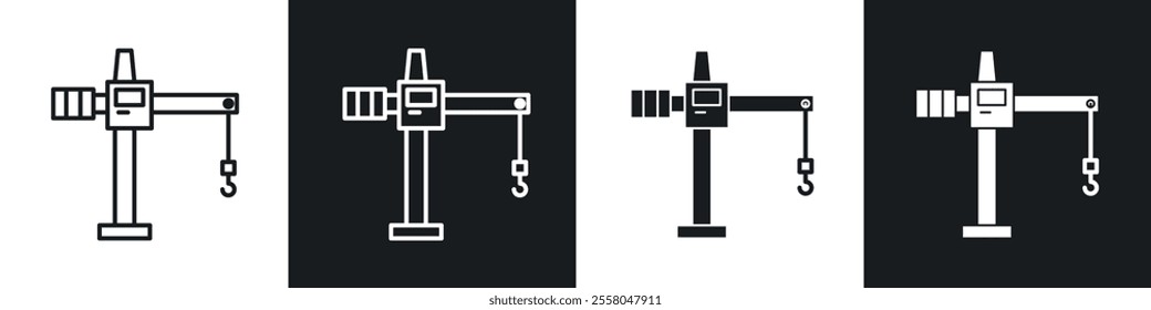 Construction crane icons pack in black and white filled and outlined versions.