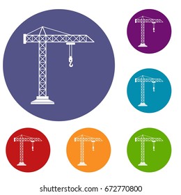 Construction crane icons set in flat circle reb, blue and green color for web