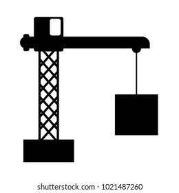 Construction crane, industrial building, black on white background, vector