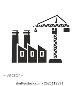 Grúa de construcción y construcción de la industria, icono de construcción de fábrica, Ilustración vectorial plana
