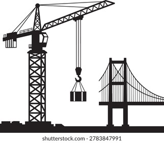 Construction crane lifting block near suspension bridge silhouette industrial scene