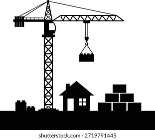 Grúa de construcción levantando bloques de construcción cerca de la silueta de la casa