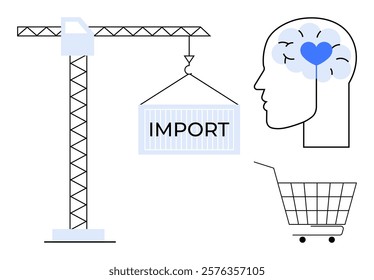A construction crane lifting an import container, a human head with a heart symbol in the brain, and a shopping cart. Ideal for trade, economy, consumer behavior, psychology, globalization