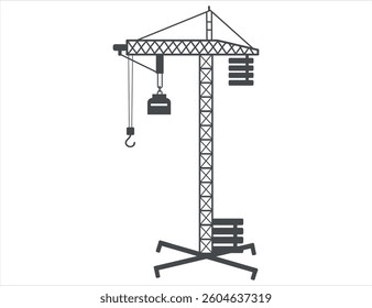 Construction crane lifting materials at building site, minimalist vector illustration on white background.