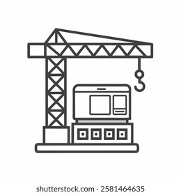 Construction crane lifting modular unit for modern building development at urban site