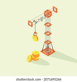 A construction crane lifts bitcoin coins from a stack of coins. Isometry. Cryptocurrency. Vector illustration for animation.