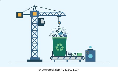 Construction crane lifts obsolete media files and old document sheets into a green recycling bin on a factory assembly line.