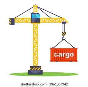 grúa de construcción levanta un contenedor rojo con bienes. cargando un contenedor para el transporte. ilustración vectorial plana.